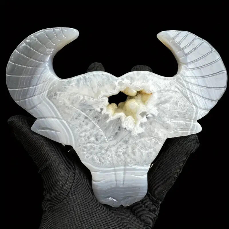 Etheric Aura White Agate Crystal Cave Carved Bull Head