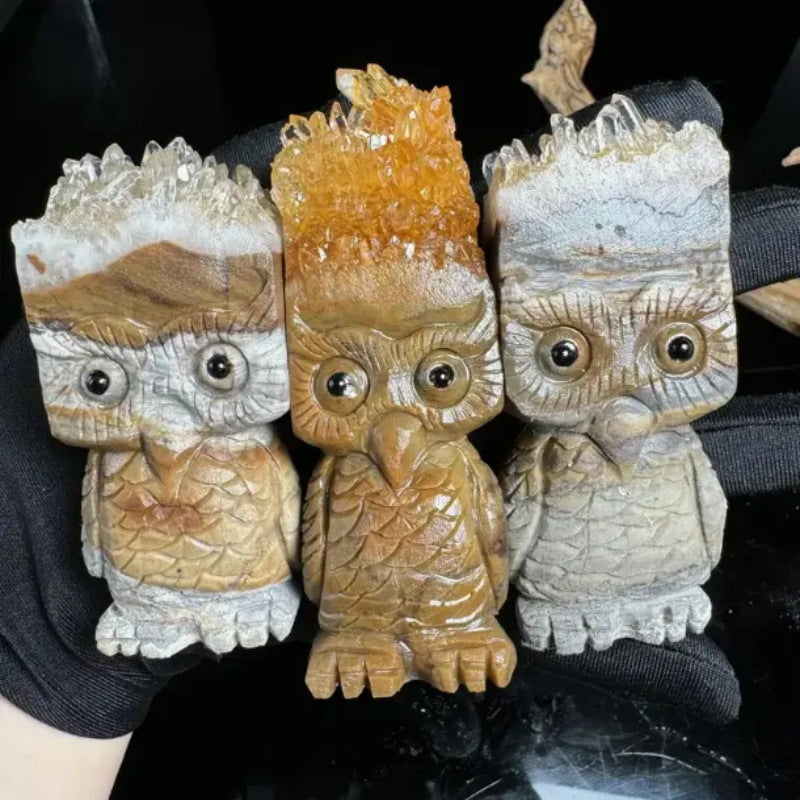 Etheric Aura Citrine Cluster Carved Craft Owls