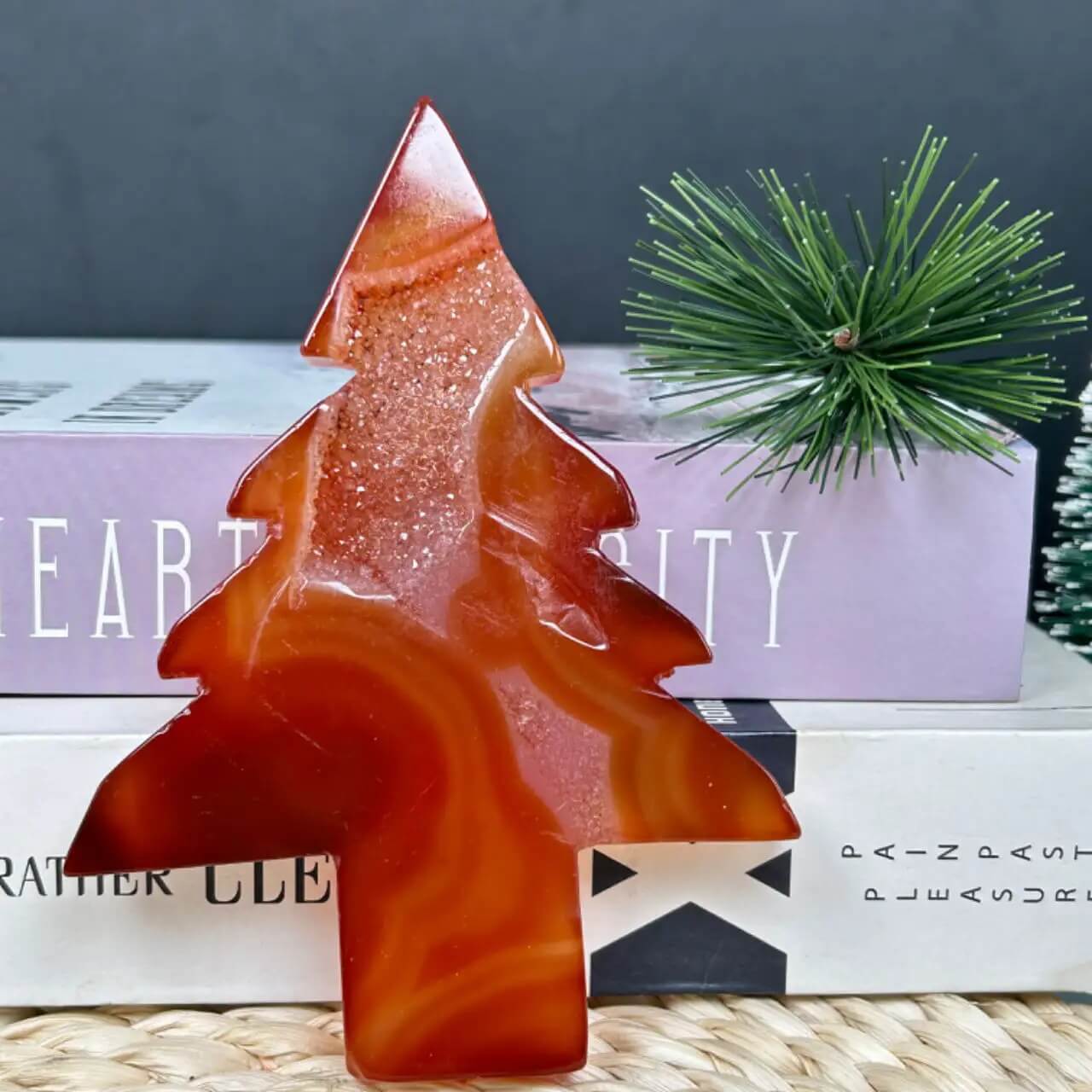 Etheric Aura Red Agate Crystal Cave Carved Christmas Tree