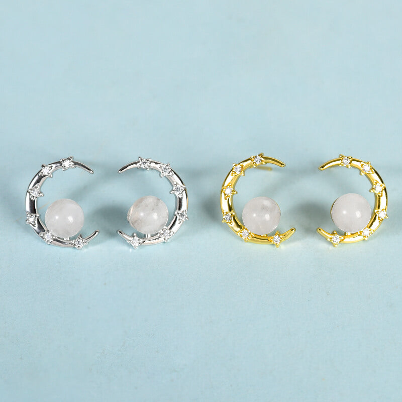 Etheric Aura Natural Crystal Bead and Moon Earrings