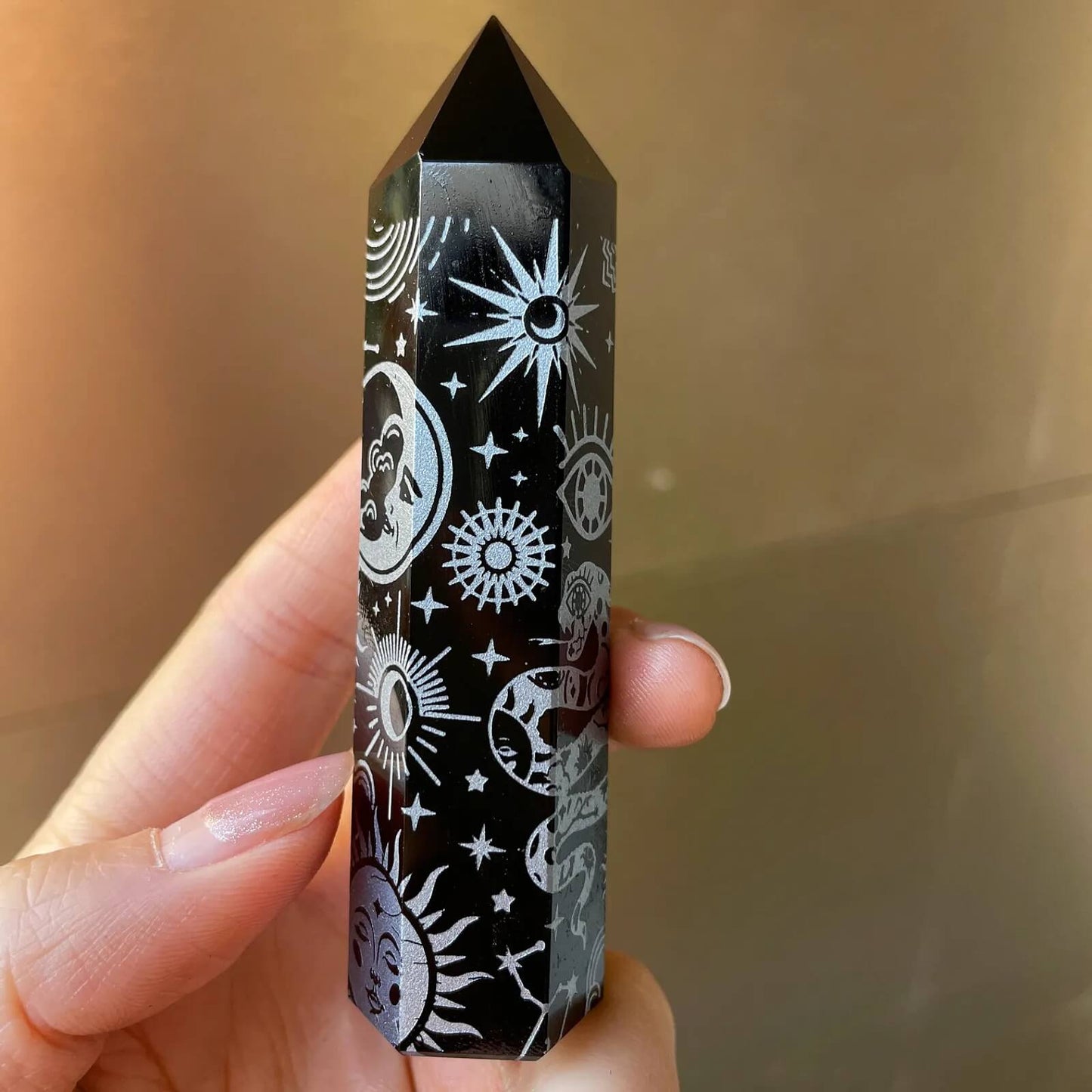 Etheric Aura Black Obsidian Crystal Tower Printed Sun and Moon Pattern