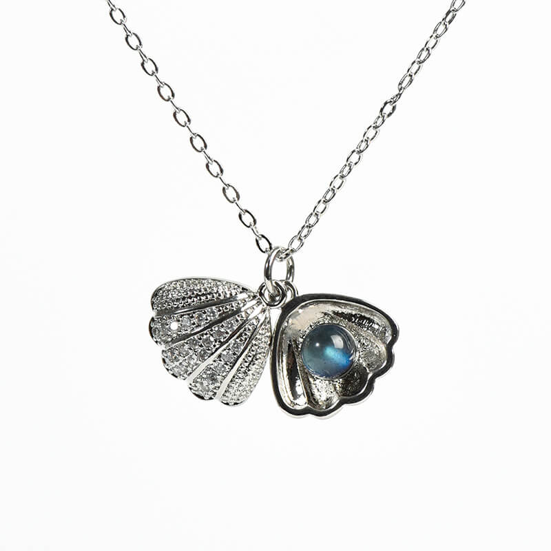Etheric Aura Bean Pod Shell Inlaid Moonstone Pendant Necklace