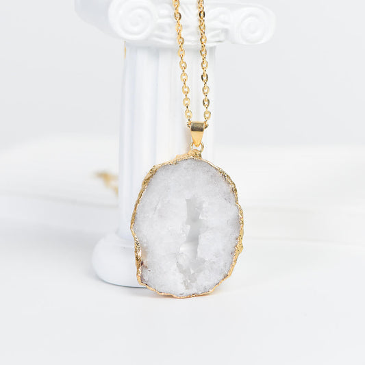 Electroplated Golden-Edged Natural Agate Slice Pendant Necklace