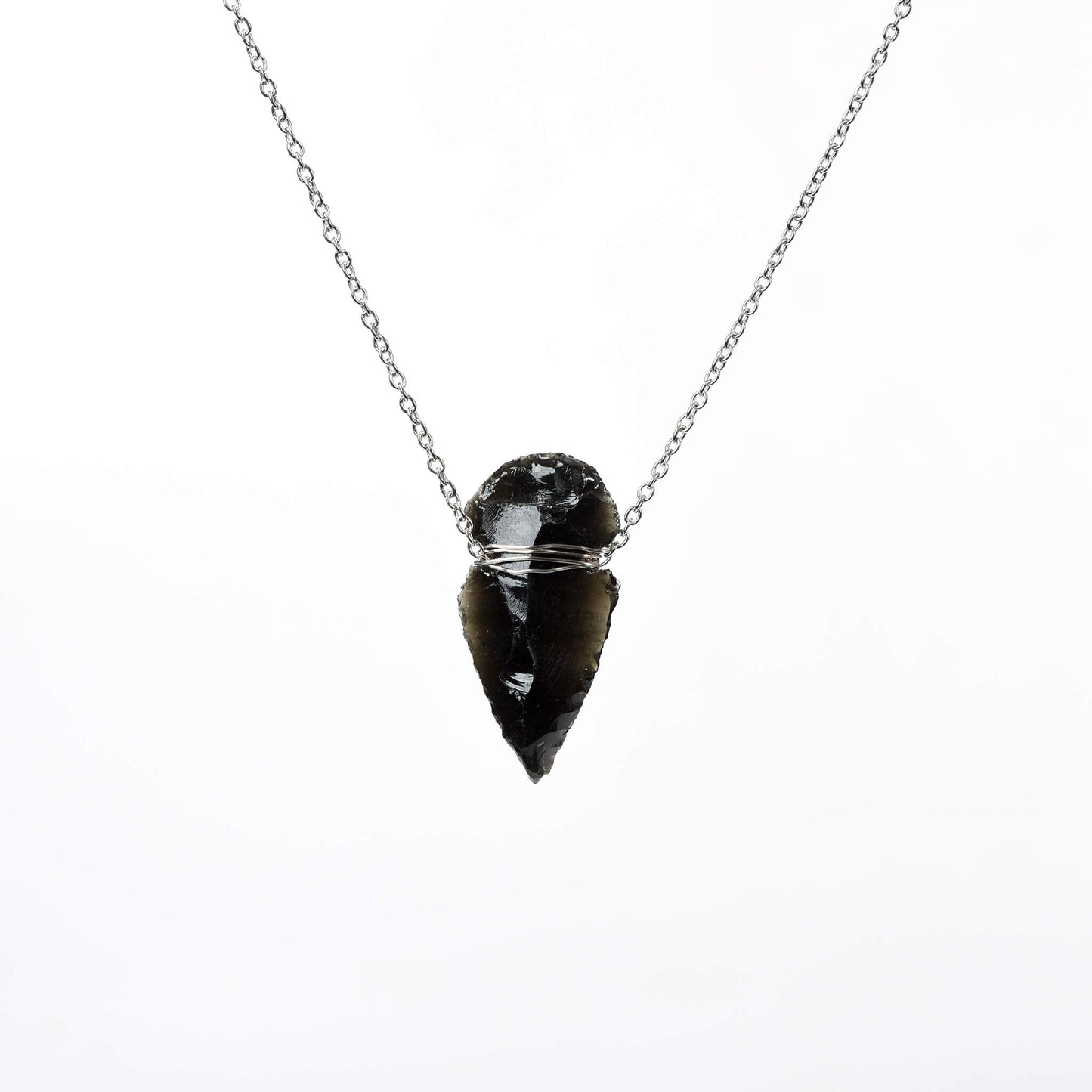 Wire-Wrapped Black Obsidian Arrowhead Pendant Necklace