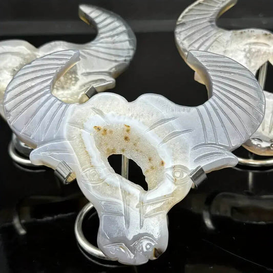 Etheric Aura White Agate Crystal Cave Carved Bull Head