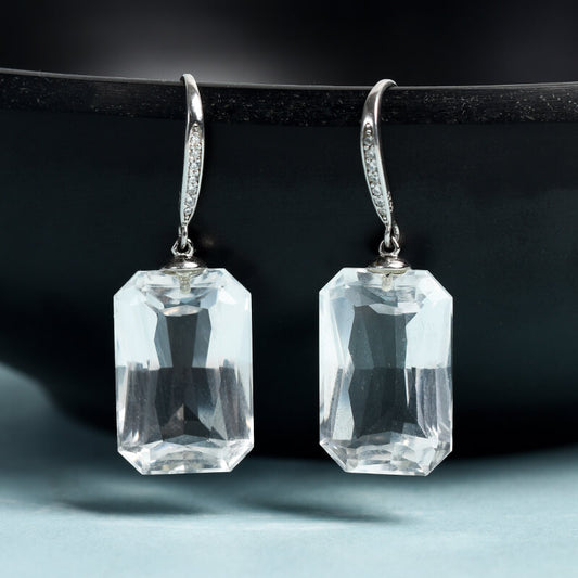 Etheric Aura 925 Sterling Silver Faceted Clear Quartz Dangle Earrings