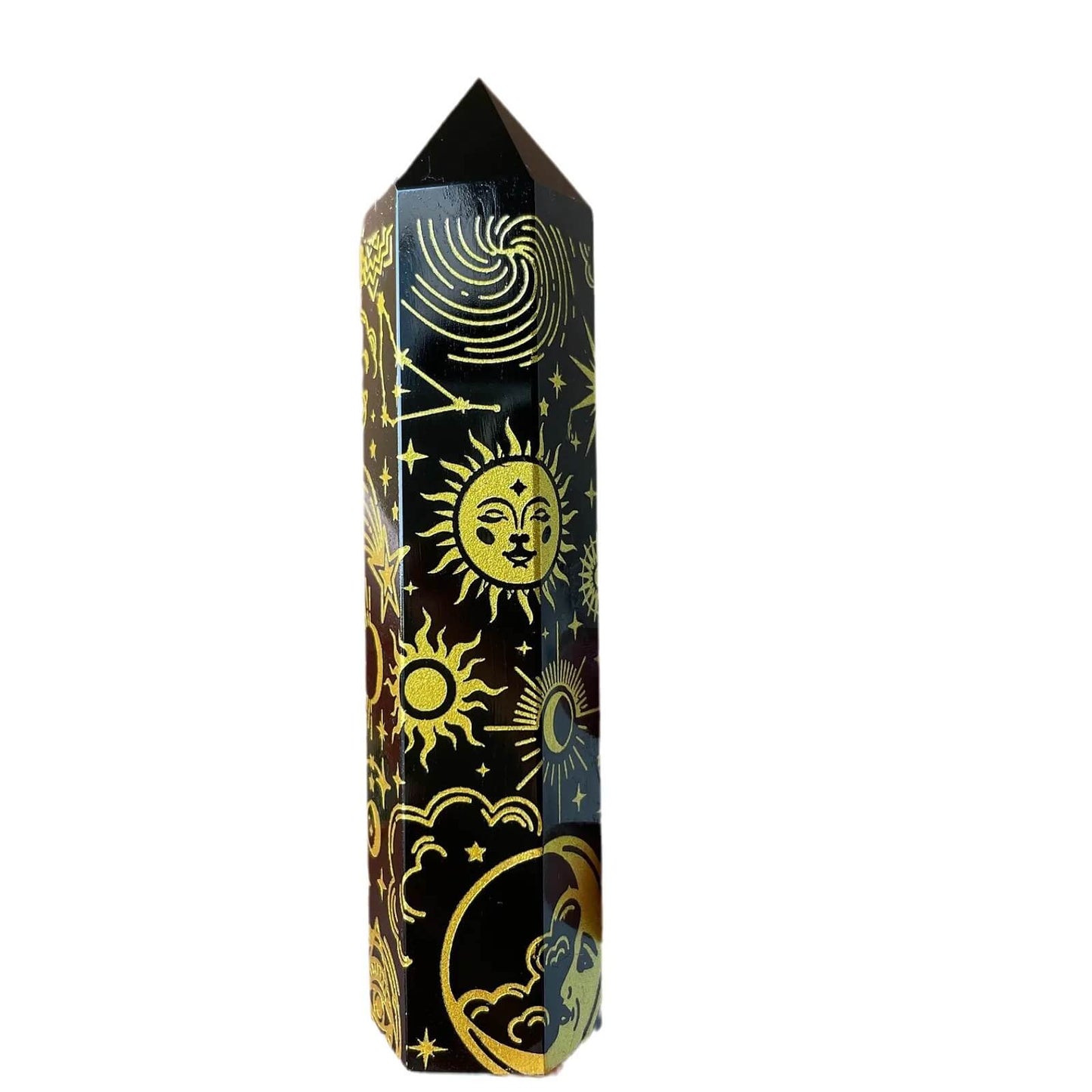 Etheric Aura Black Obsidian Crystal Tower Printed Sun and Moon Pattern